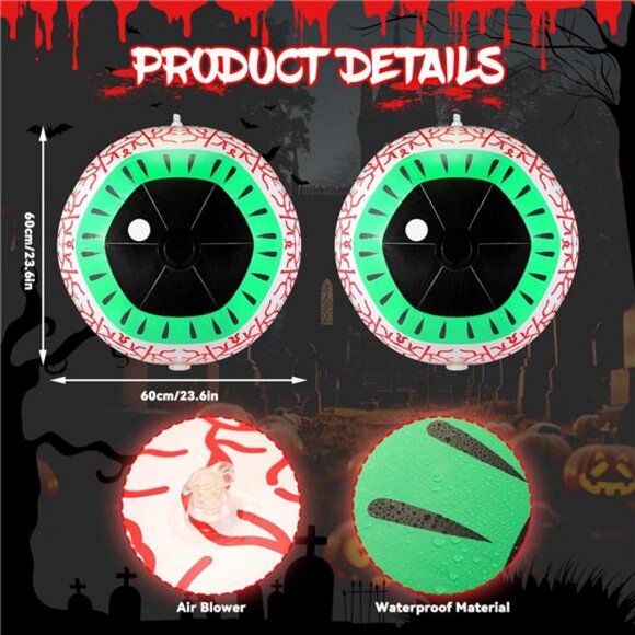 2 Pack Halloween Inflatable Large Eyeball Decoration 24'' Giant Blow up - Picture 3 of 7